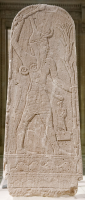 Baal-Hadad BCE15-13 Ugarit stele (Louvre) son of Dagon (Sumerian Ishkur) hammer & lightning)